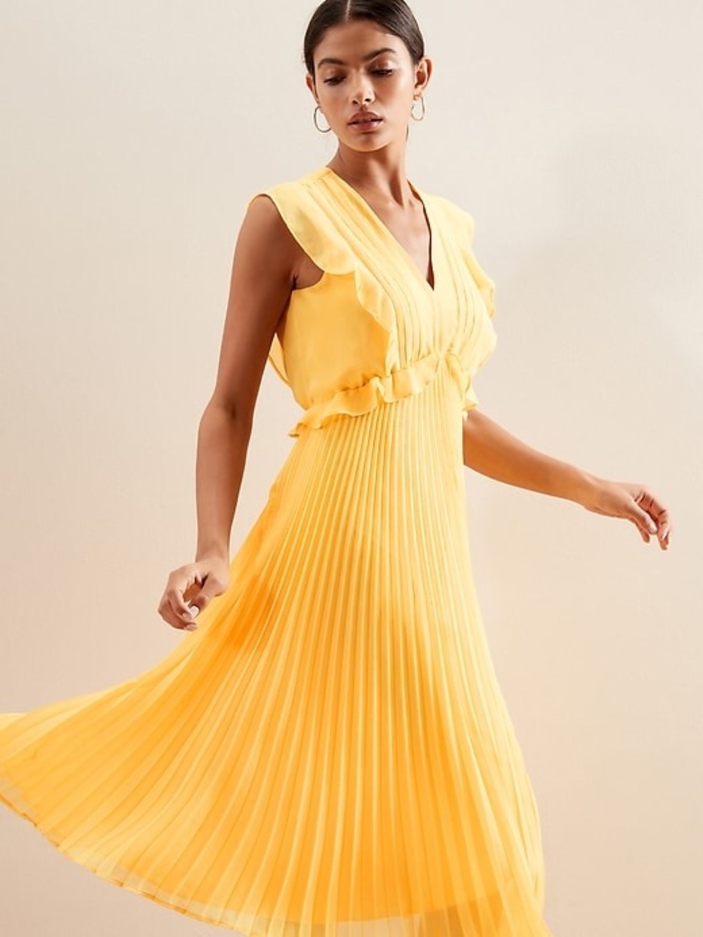 Banana Republic Sunlit Yellow Pleated V-Neck Midi Dress